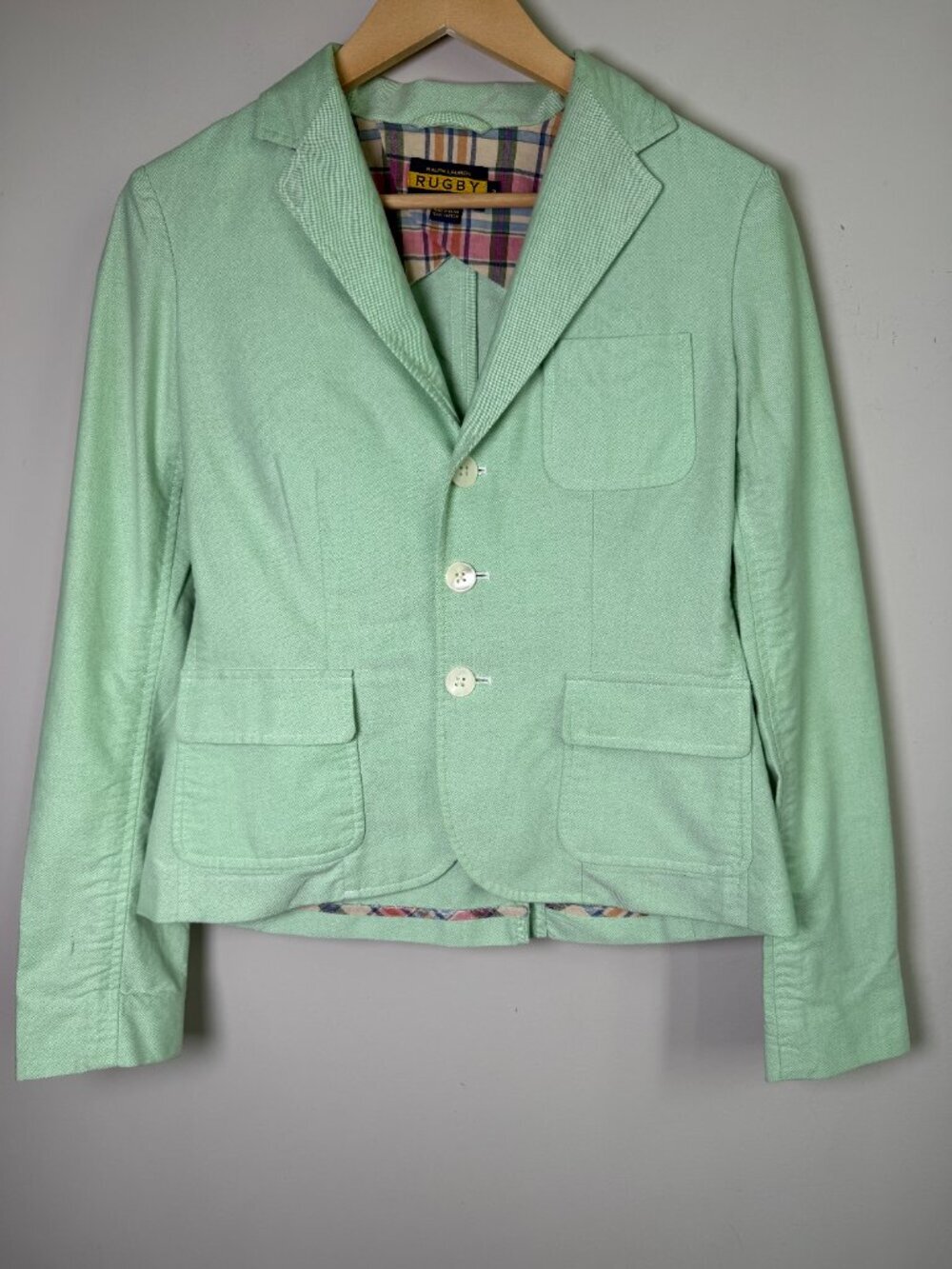 Ralph Lauren Rugby Mint Green Cotton Blazer Plaid Lining Preppy Collegiate Sz 2